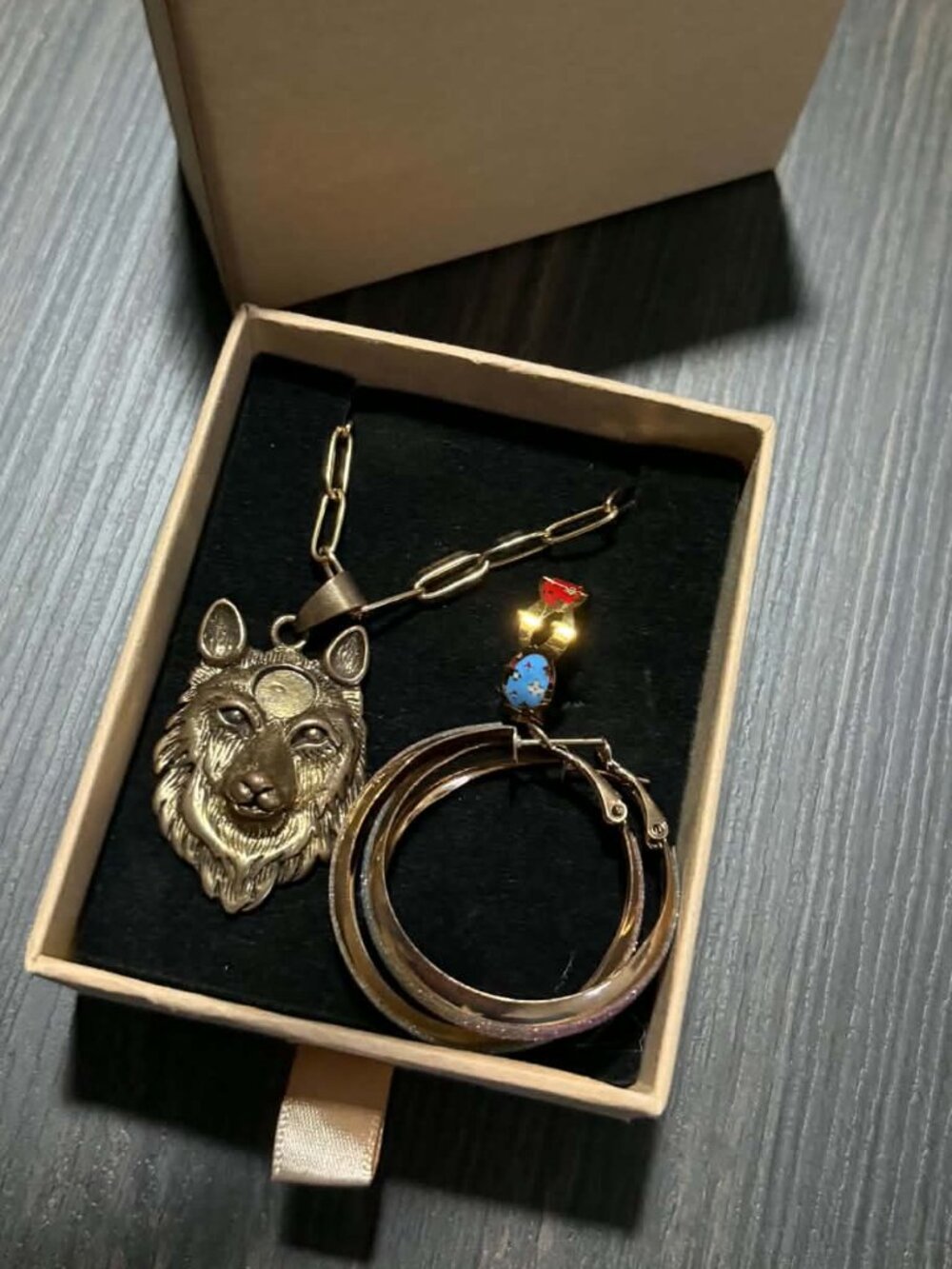 Boho Wolf Pendant Necklace, Glitter Hoop Earrings & Enamel Ring Jewelry Set